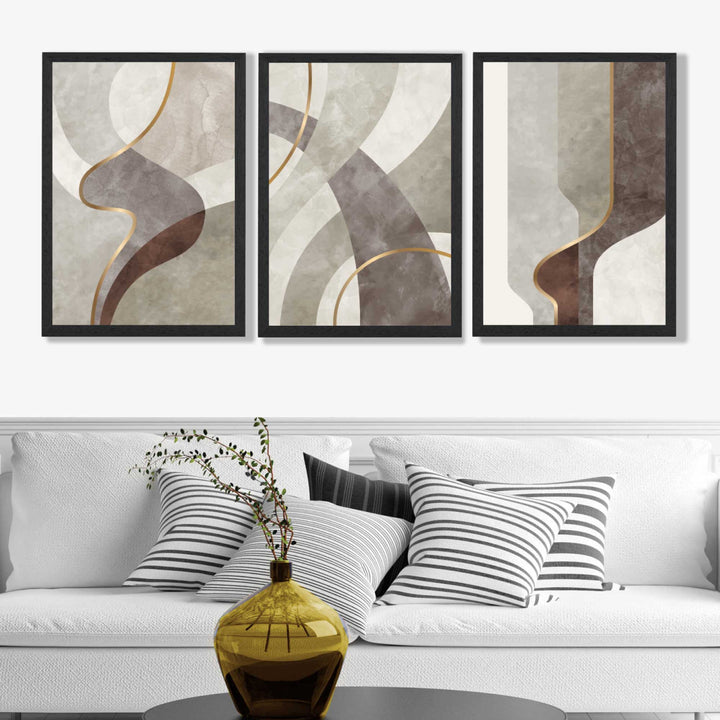 Beige and Brown Set of 3 Abstract Whirl Framed Art Prints | Bowlift