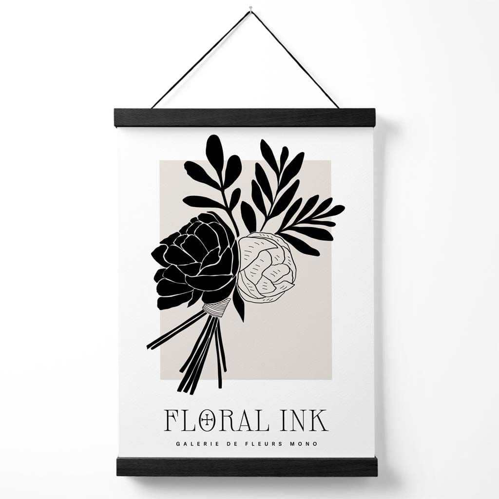 Black and Beige Closed Peony Floral Ink Sketch Poster with Hanger | Bowlift
