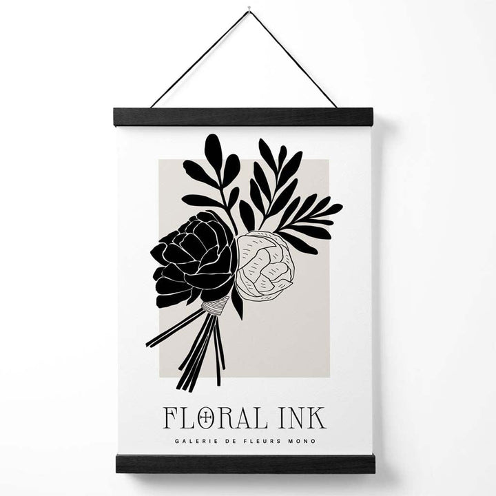 Black and Beige Closed Peony Floral Ink Sketch Poster with Hanger | Bowlift