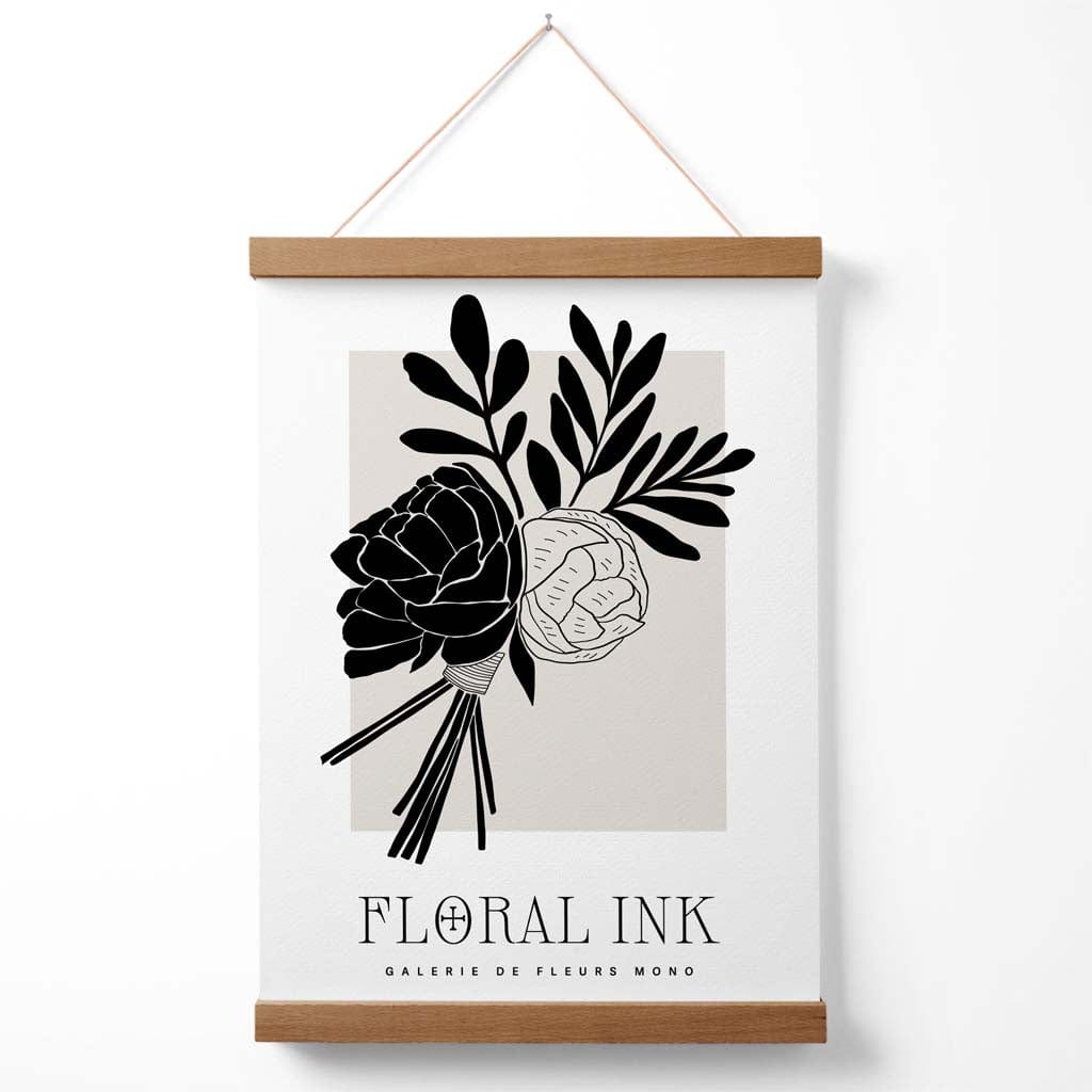 Black and Beige Closed Peony Floral Ink Sketch Poster with Hanger | Bowlift