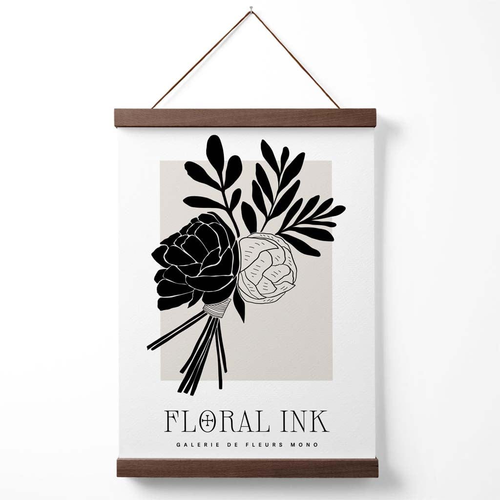 Black and Beige Closed Peony Floral Ink Sketch Poster with Hanger | Bowlift