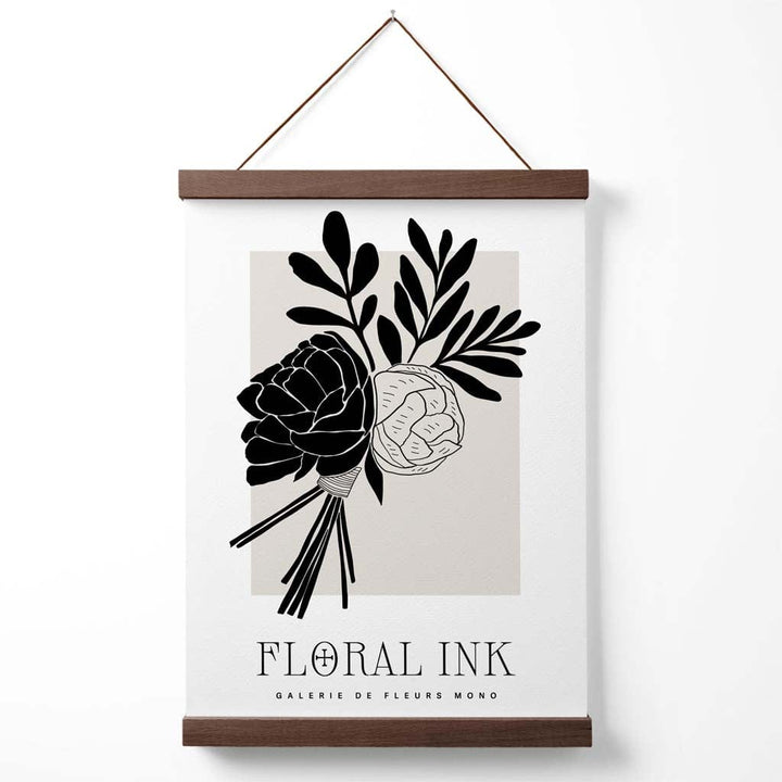 Black and Beige Closed Peony Floral Ink Sketch Poster with Hanger | Bowlift