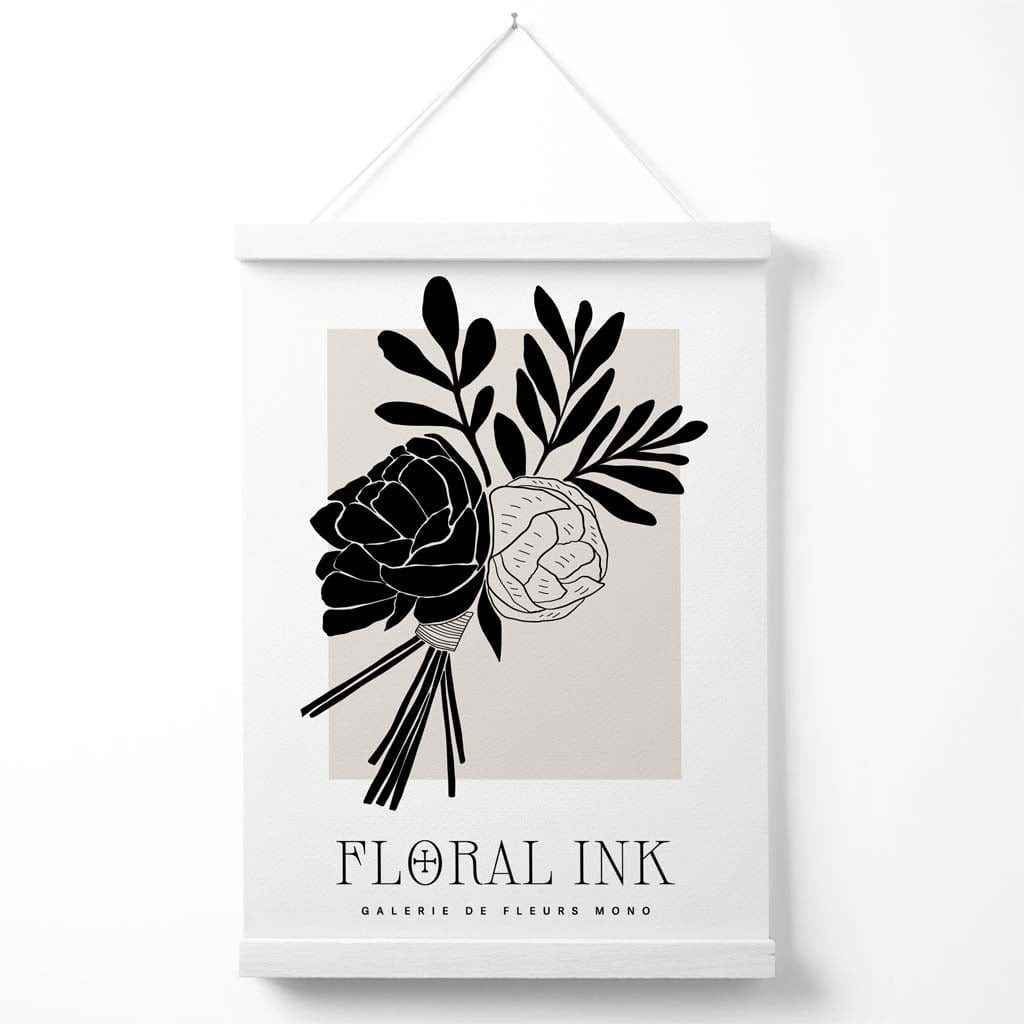Black and Beige Closed Peony Floral Ink Sketch Poster with Hanger | Bowlift
