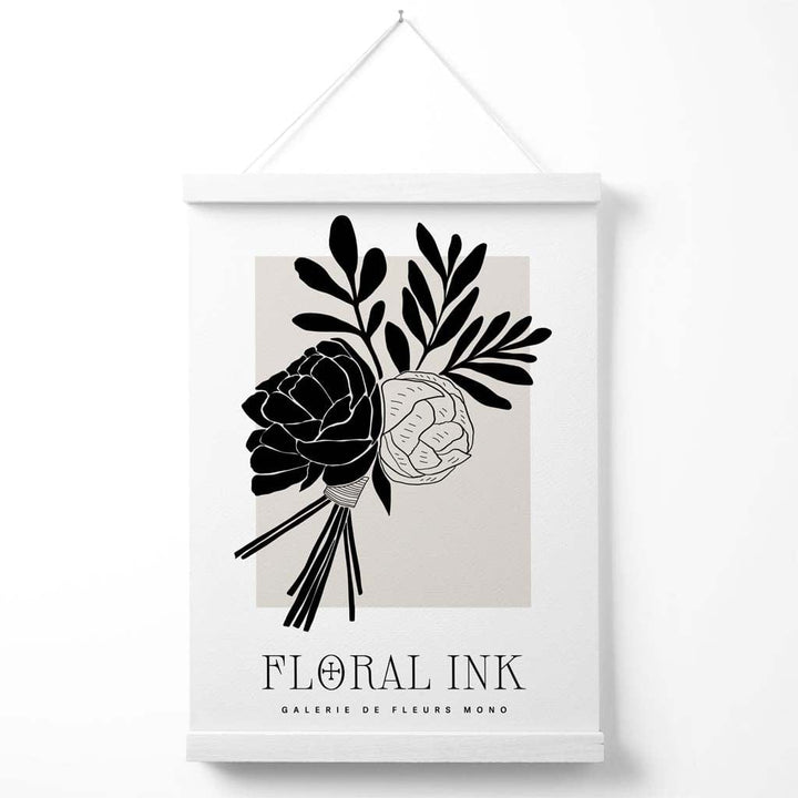 Black and Beige Closed Peony Floral Ink Sketch Poster with Hanger | Bowlift