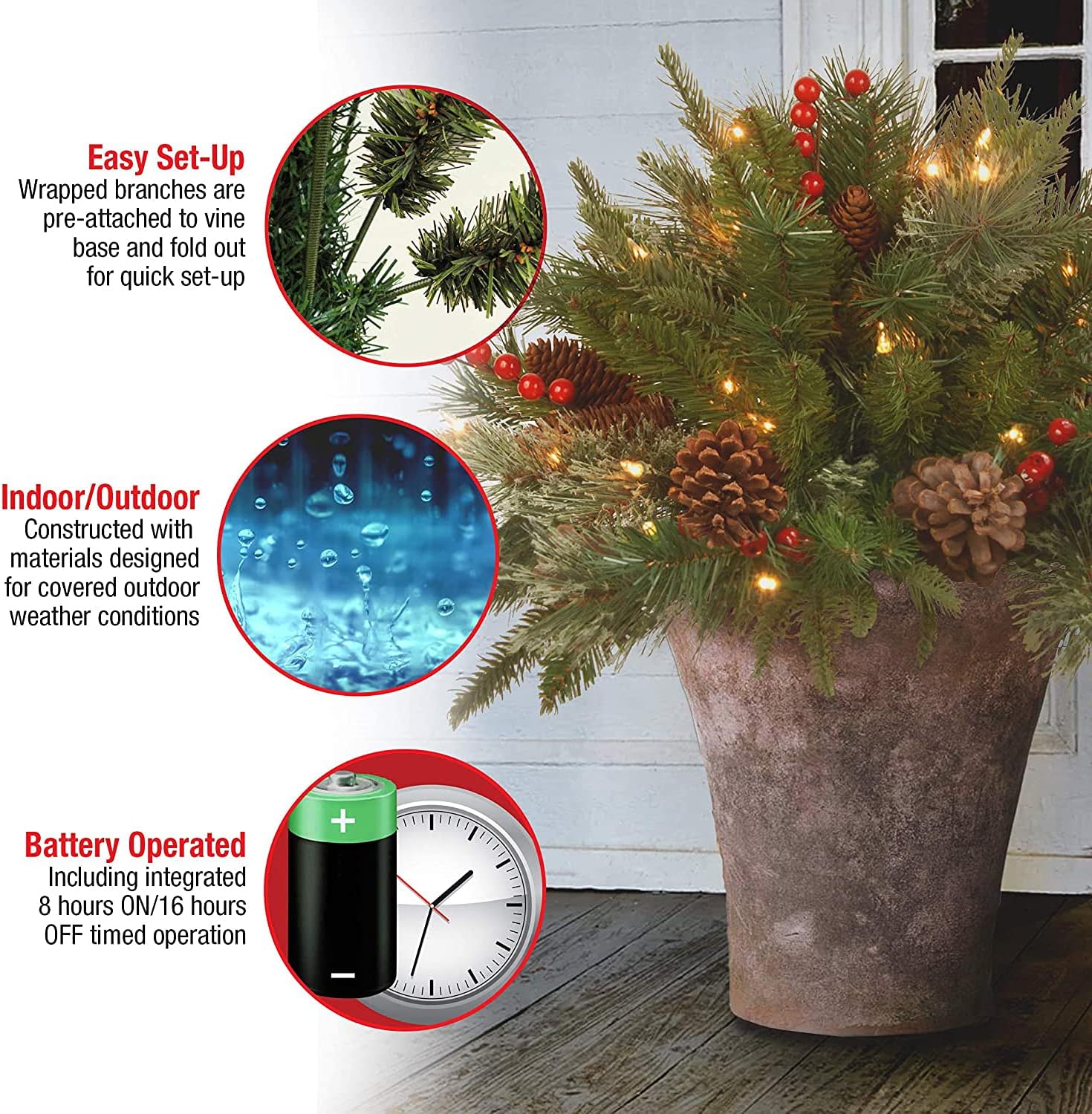 BowLift | Christmas Urn Filler with LED Lights | 18" Realistic Pine Arrangement | Indoor/Outdoor Decor