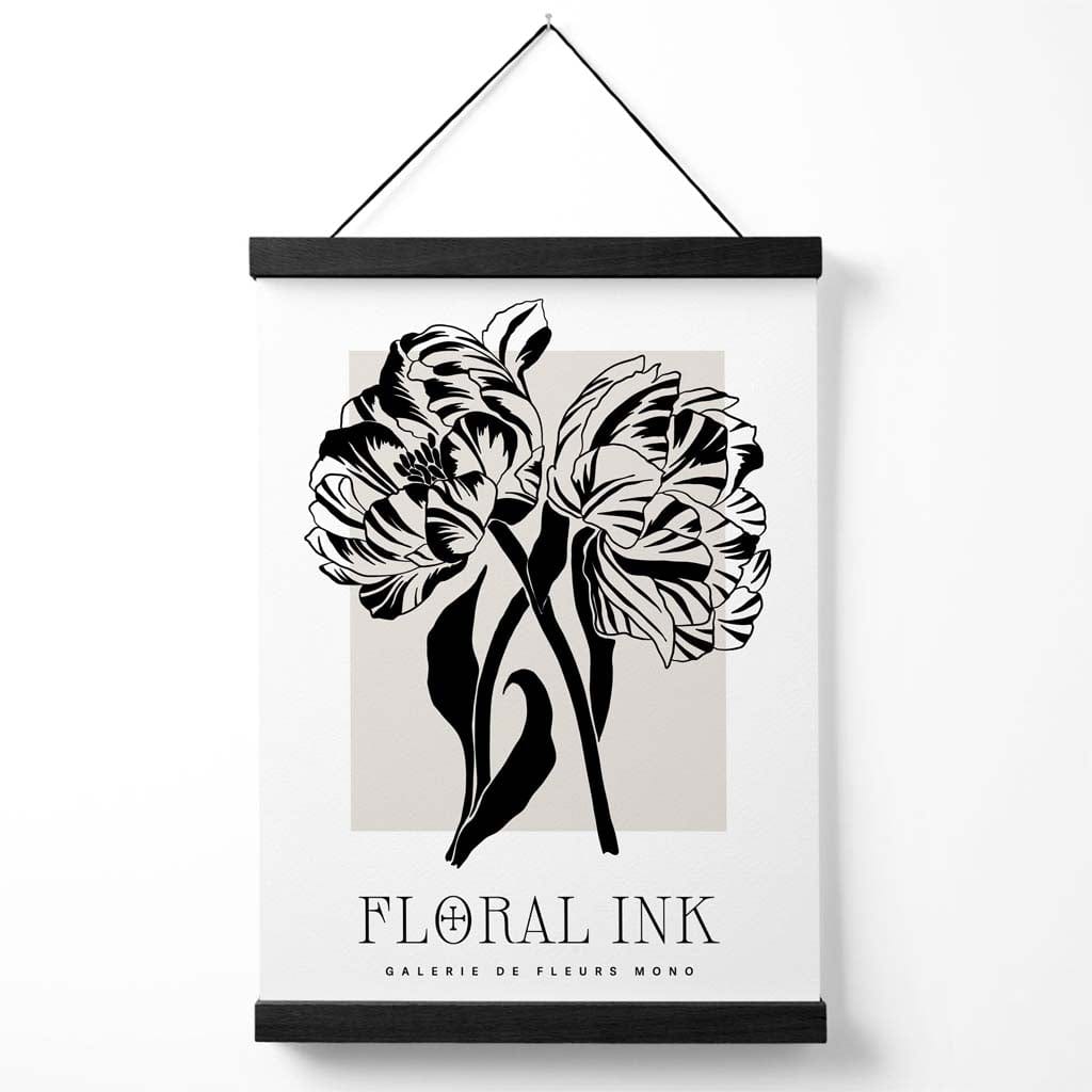 Camelias Black and Beige Floral Ink Sketch Poster with Hanger | Bowlift