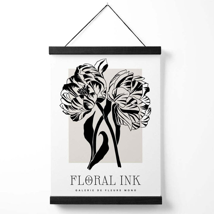 Camelias Black and Beige Floral Ink Sketch Poster with Hanger | Bowlift