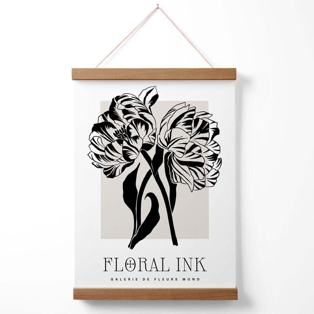 Camelias Black and Beige Floral Ink Sketch Poster with Hanger | Bowlift