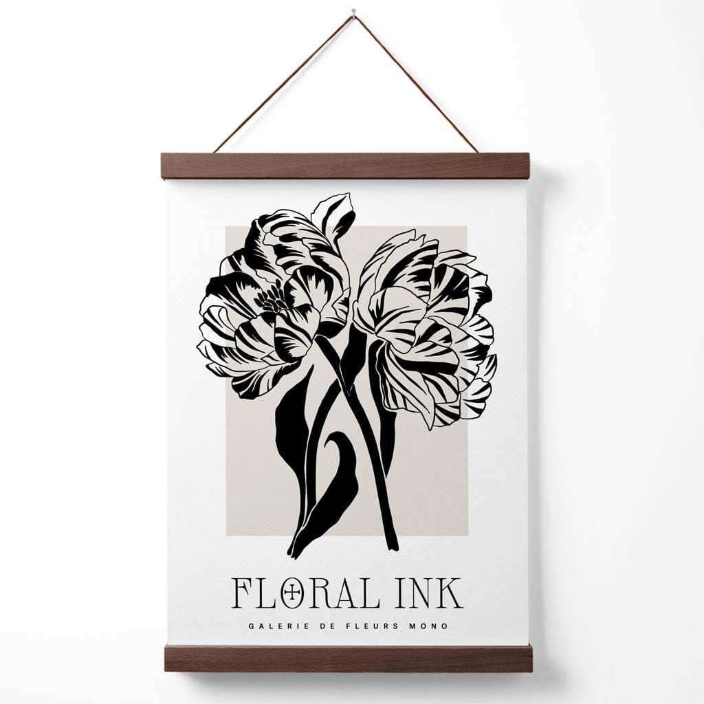 Camelias Black and Beige Floral Ink Sketch Poster with Hanger | Bowlift