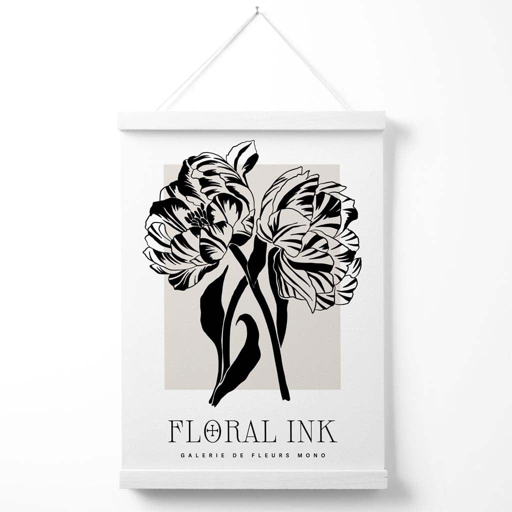 Camelias Black and Beige Floral Ink Sketch Poster with Hanger | Bowlift