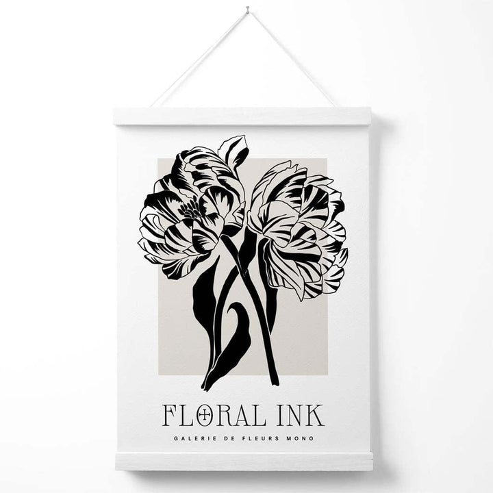 Camelias Black and Beige Floral Ink Sketch Poster with Hanger | Bowlift