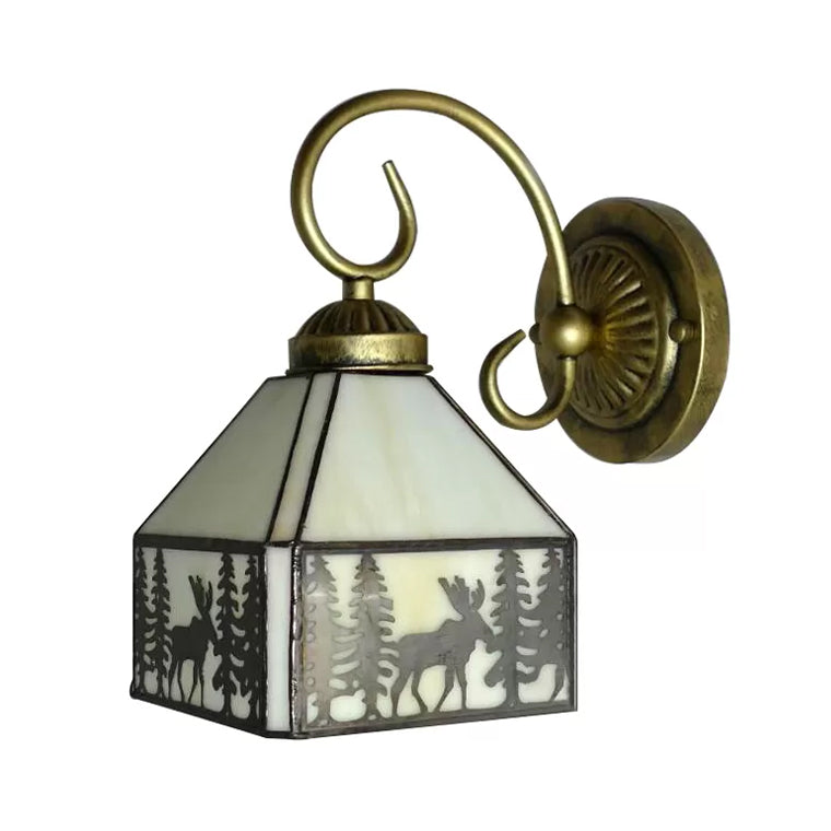 BowLift | Lodge Stained Glass Wall Lighting with Curved Arm Single Light Mini Wall Mount Light