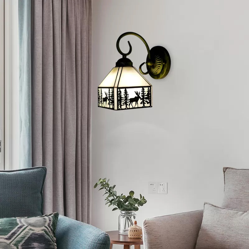 BowLift | Lodge Stained Glass Wall Lighting with Curved Arm Single Light Mini Wall Mount Light