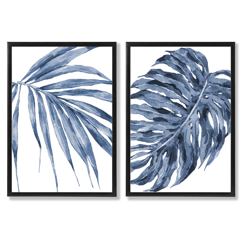 Blue Monstera Papyrus Watercolor Frame Set of 2 Art Prints | Bowlift