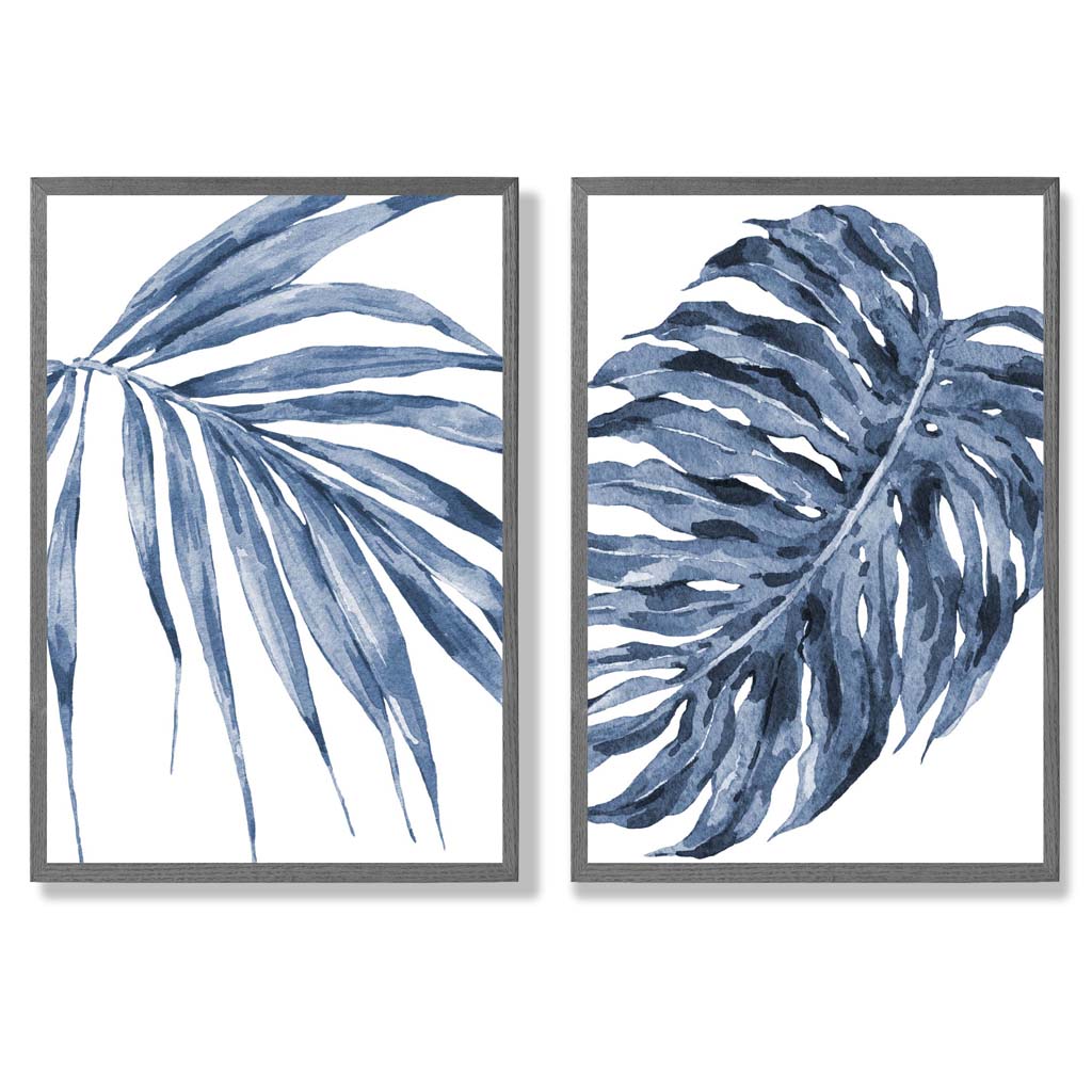 Blue Monstera Papyrus Watercolor Frame Set of 2 Art Prints | Bowlift