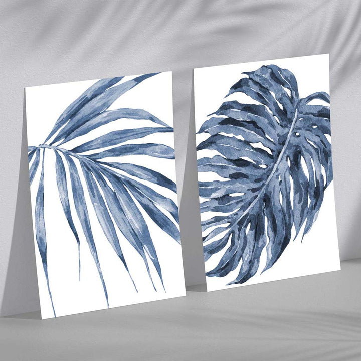 Blue Monstera Papyrus Watercolor Set of 2 Art Prints | Bowlift