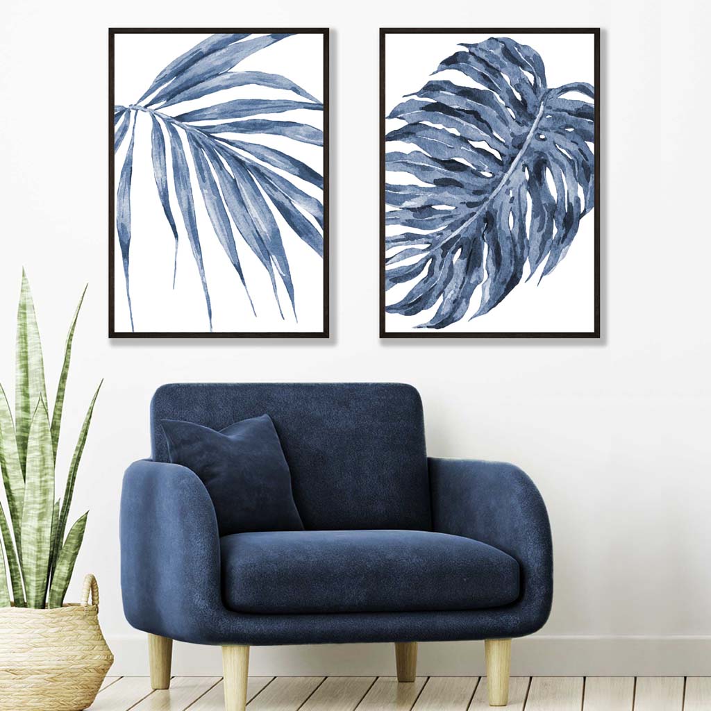 Blue Monstera Papyrus Watercolor Set of 2 Art Prints | Bowlift