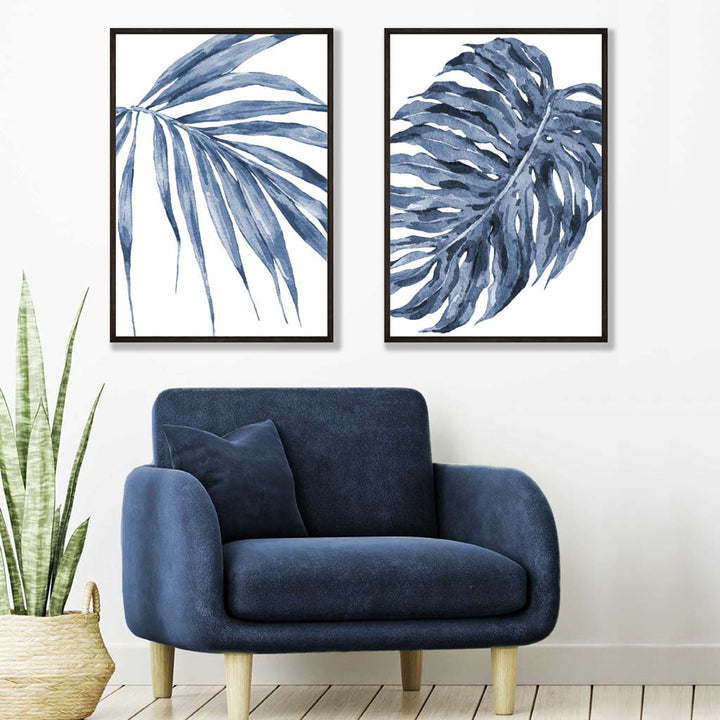 Blue Monstera Papyrus Watercolor Set of 2 Art Prints | Bowlift