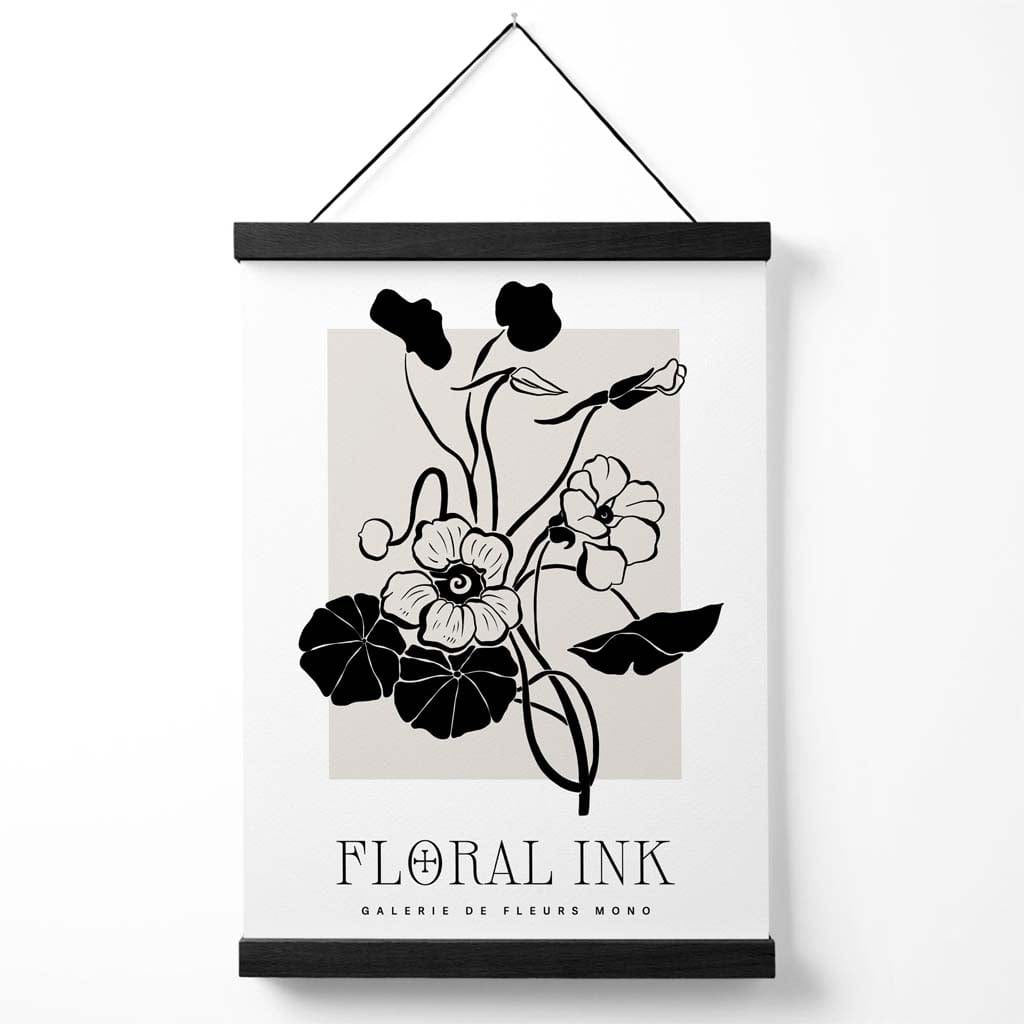 Black and Beige Nasturtium Flowers Floral Ink Sketch Poster with Hanger | Bowlift