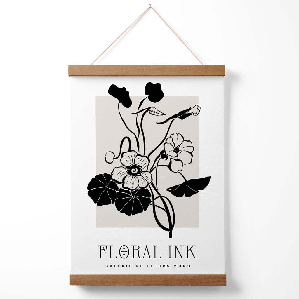 Black and Beige Nasturtium Flowers Floral Ink Sketch Poster with Hanger | Bowlift