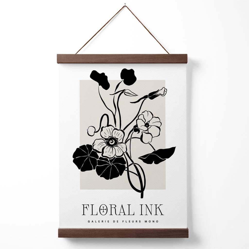 Black and Beige Nasturtium Flowers Floral Ink Sketch Poster with Hanger | Bowlift