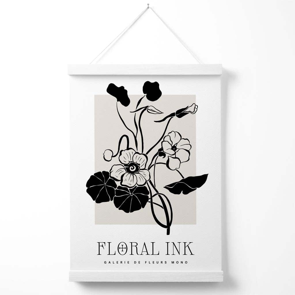 Black and Beige Nasturtium Flowers Floral Ink Sketch Poster with Hanger | Bowlift