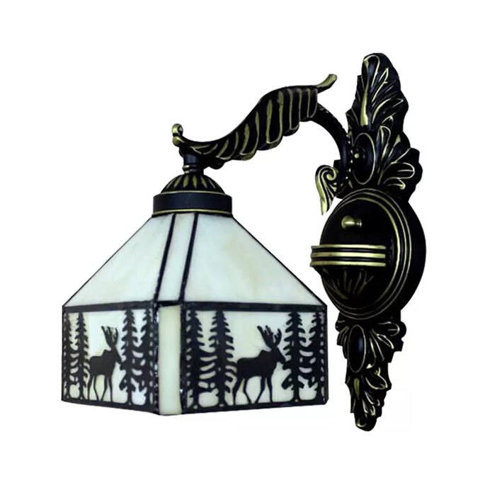 BowLift | Lodge Stained Glass Wall Lighting with Curved Arm Single Light Mini Wall Mount Light