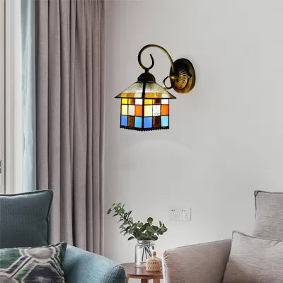 BowLift | Lodge Stained Glass Wall Lighting with Curved Arm Single Light Mini Wall Mount Light