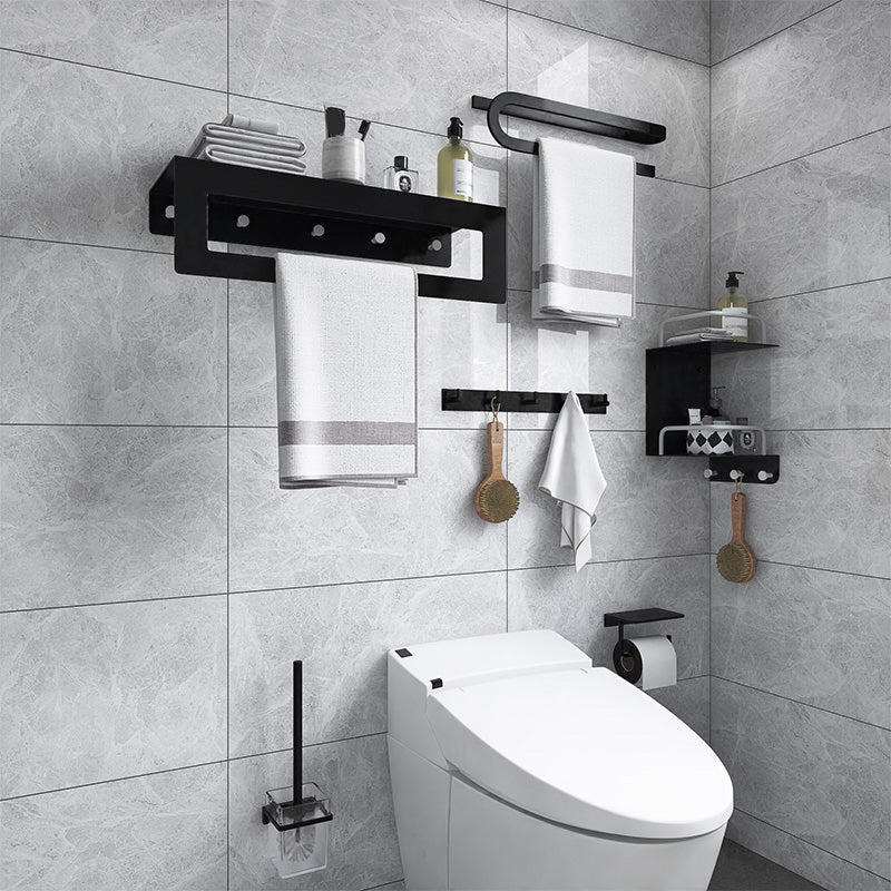 BowLift | Black 6-piece Bathroom Accessory Set Modern Shower Curtain Rod / Bathrobe Hooks and Towel Bar