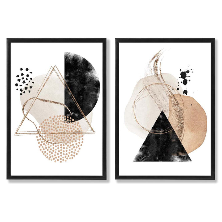 Beige and black abstract shapes framed set of 2 art prints | Bowlift