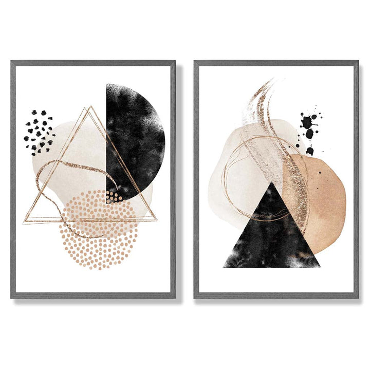 Beige and black abstract shapes framed set of 2 art prints | Bowlift