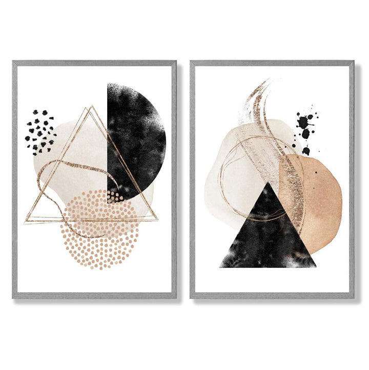 Beige and black abstract shapes framed set of 2 art prints | Bowlift
