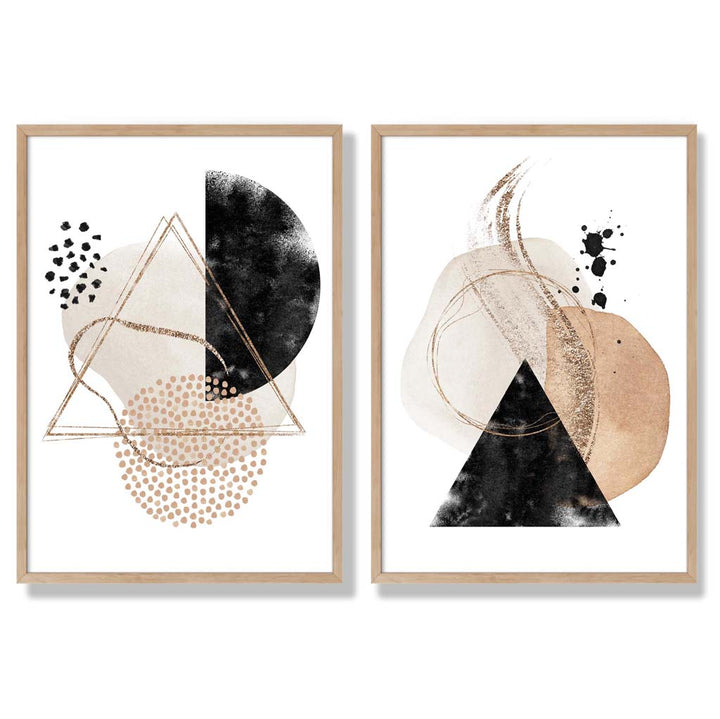 Beige and black abstract shapes framed set of 2 art prints | Bowlift