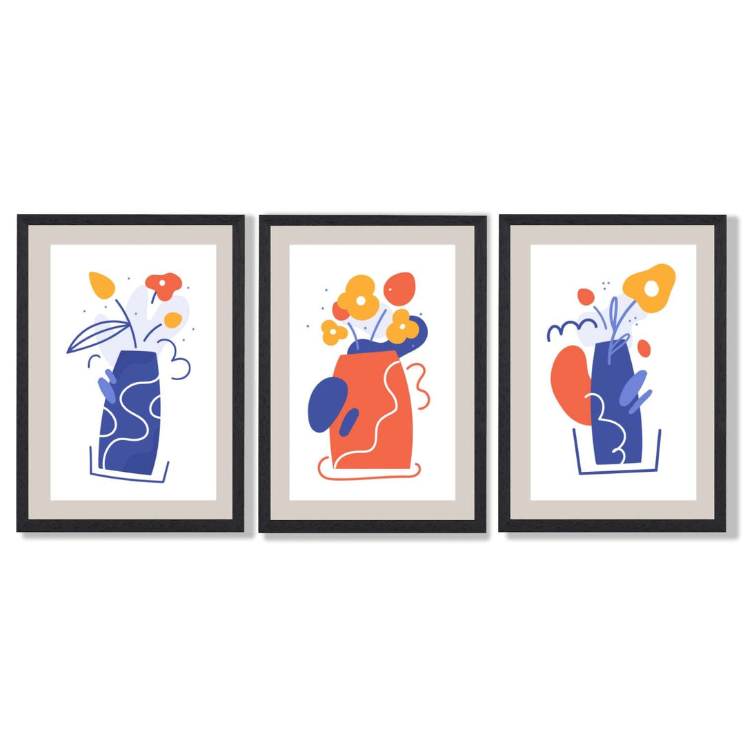 Boho Minimal Floral Blue Orange Set of 3 Framed Art Prints | Bowlift