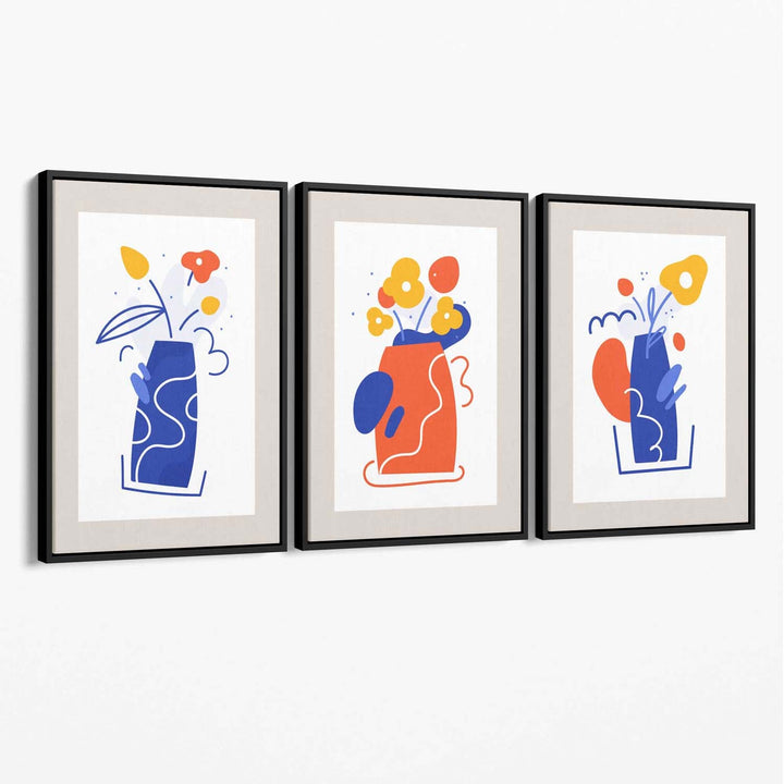 Boho Minimal Floral Blue Orange Set of 3 Canvas Art Prints | Bowlift