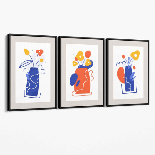 Boho Minimal Floral Blue Orange Set of 3 Canvas Art Prints | Bowlift