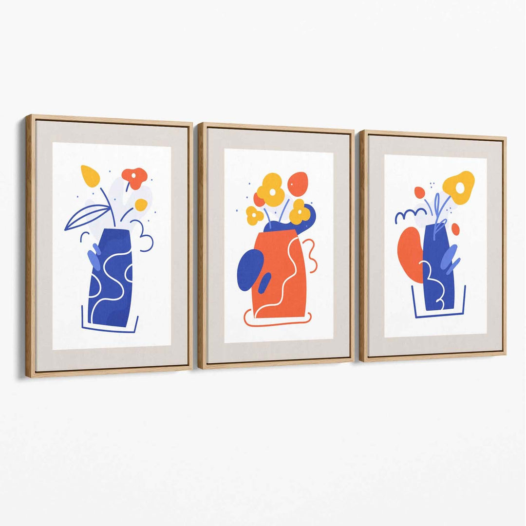 Boho Minimal Floral Blue Orange Set of 3 Canvas Art Prints | Bowlift