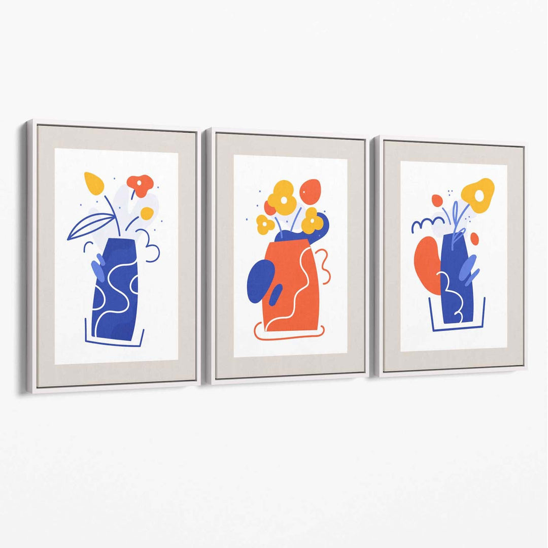 Boho Minimal Floral Blue Orange Set of 3 Canvas Art Prints | Bowlift