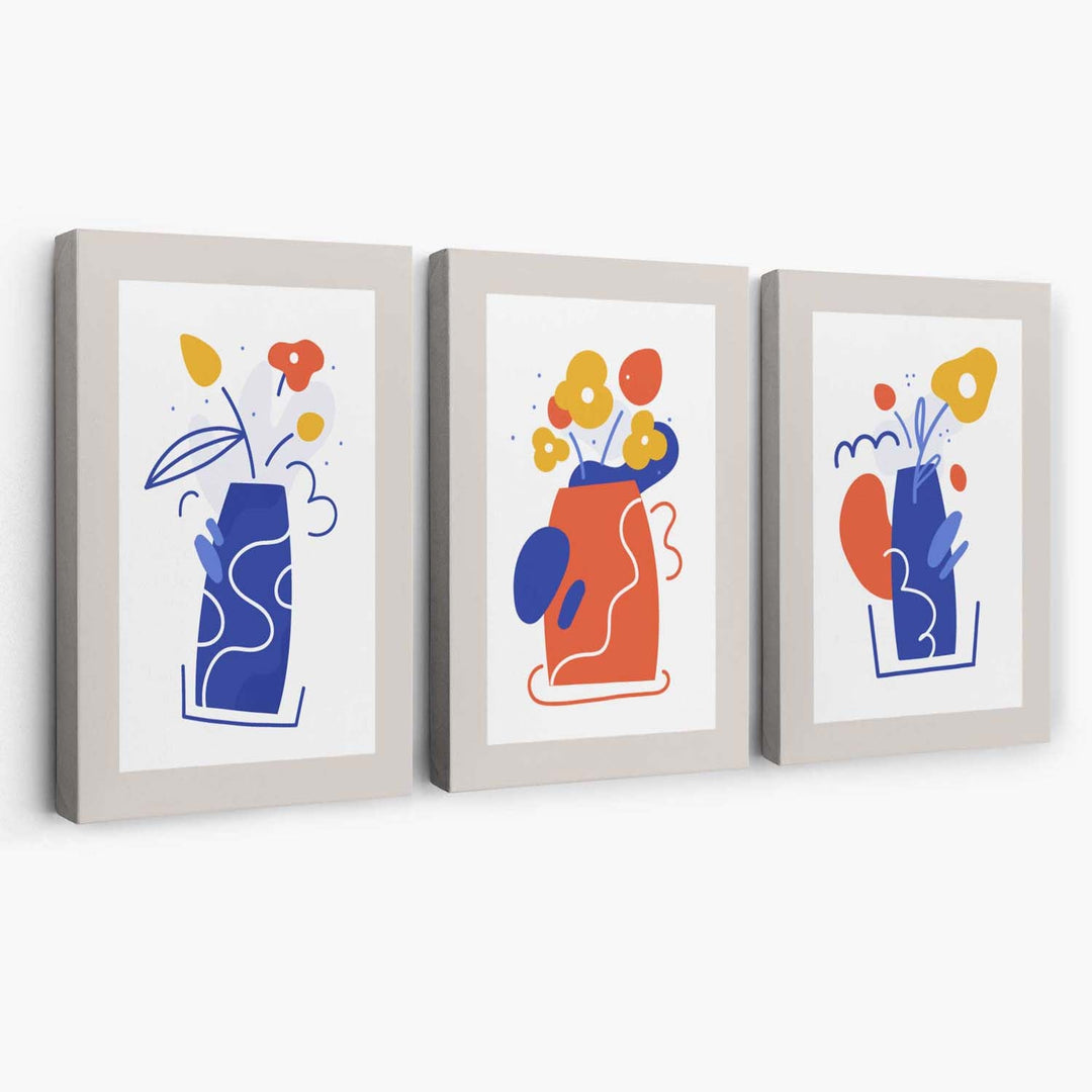 Boho Minimal Floral Blue Orange Set of 3 Canvas Art Prints | Bowlift
