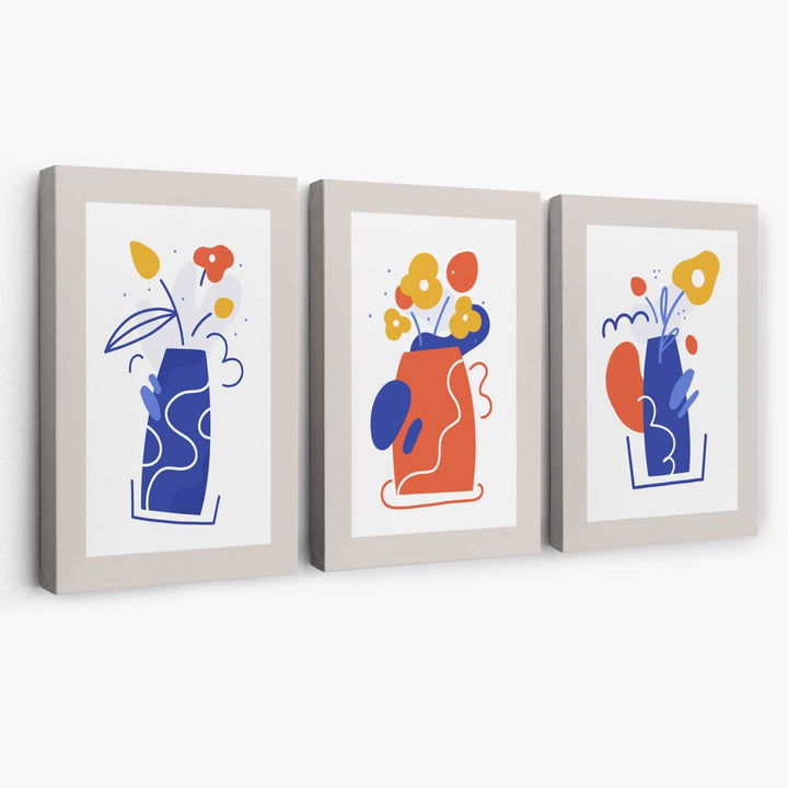 Boho Minimal Floral Blue Orange Set of 3 Canvas Art Prints | Bowlift