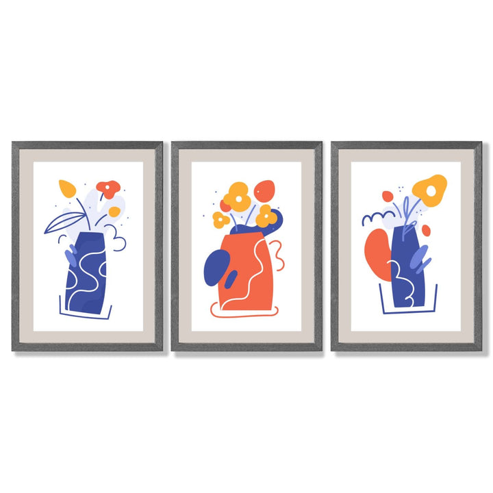 Boho Minimal Floral Blue Orange Set of 3 Framed Art Prints | Bowlift