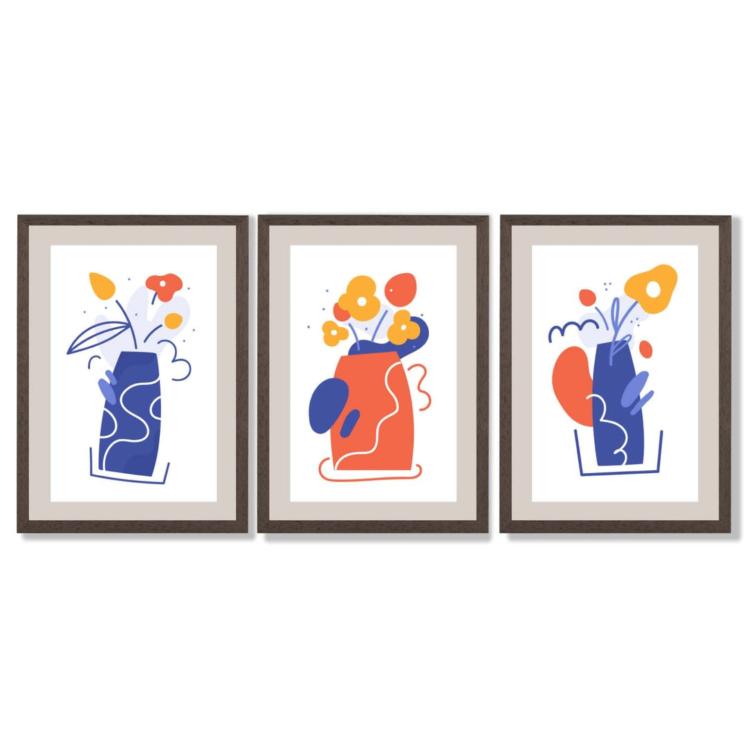 Boho Minimal Floral Blue Orange Set of 3 Framed Art Prints | Bowlift
