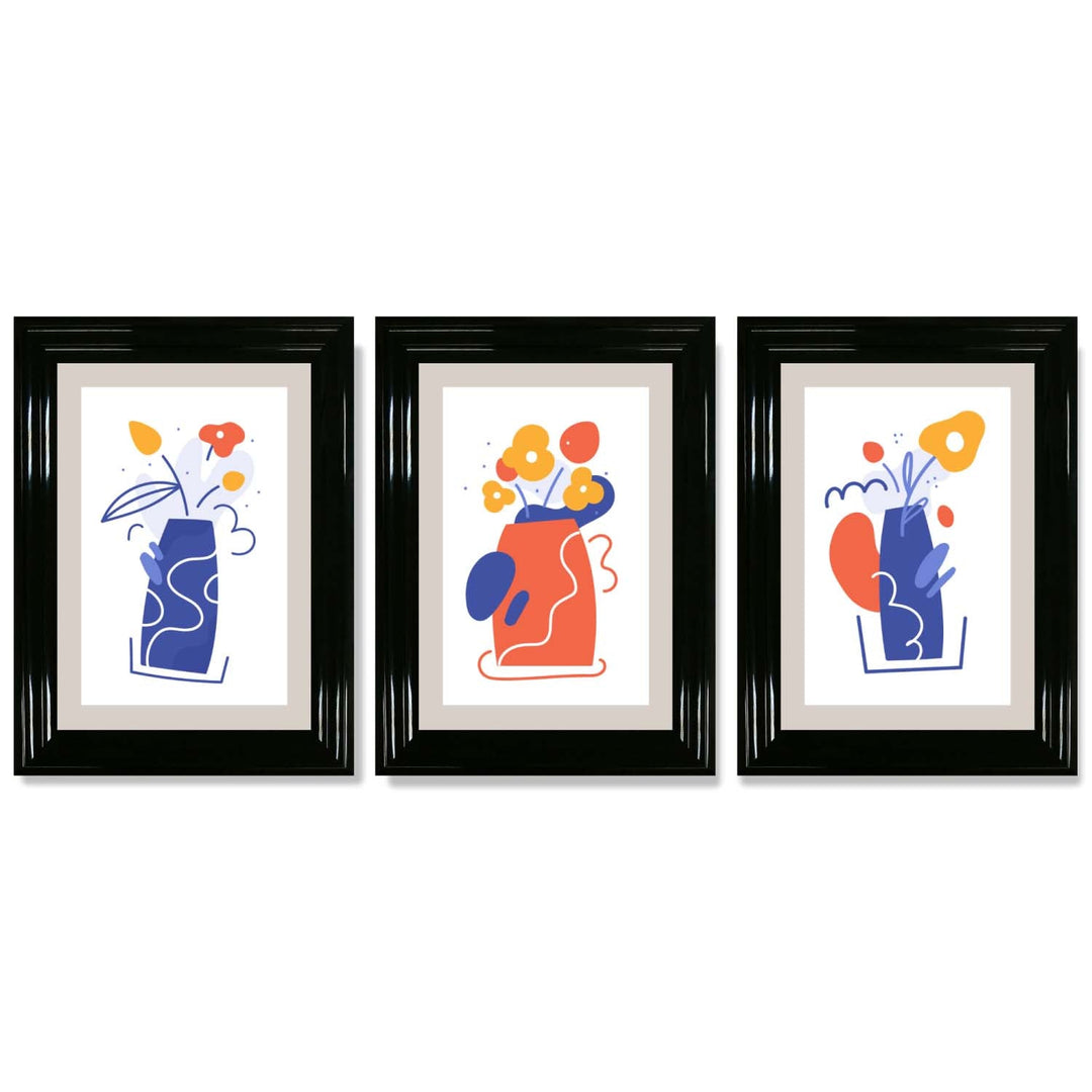 Boho Minimal Floral Blue Orange Set of 3 Framed Art Prints | Bowlift
