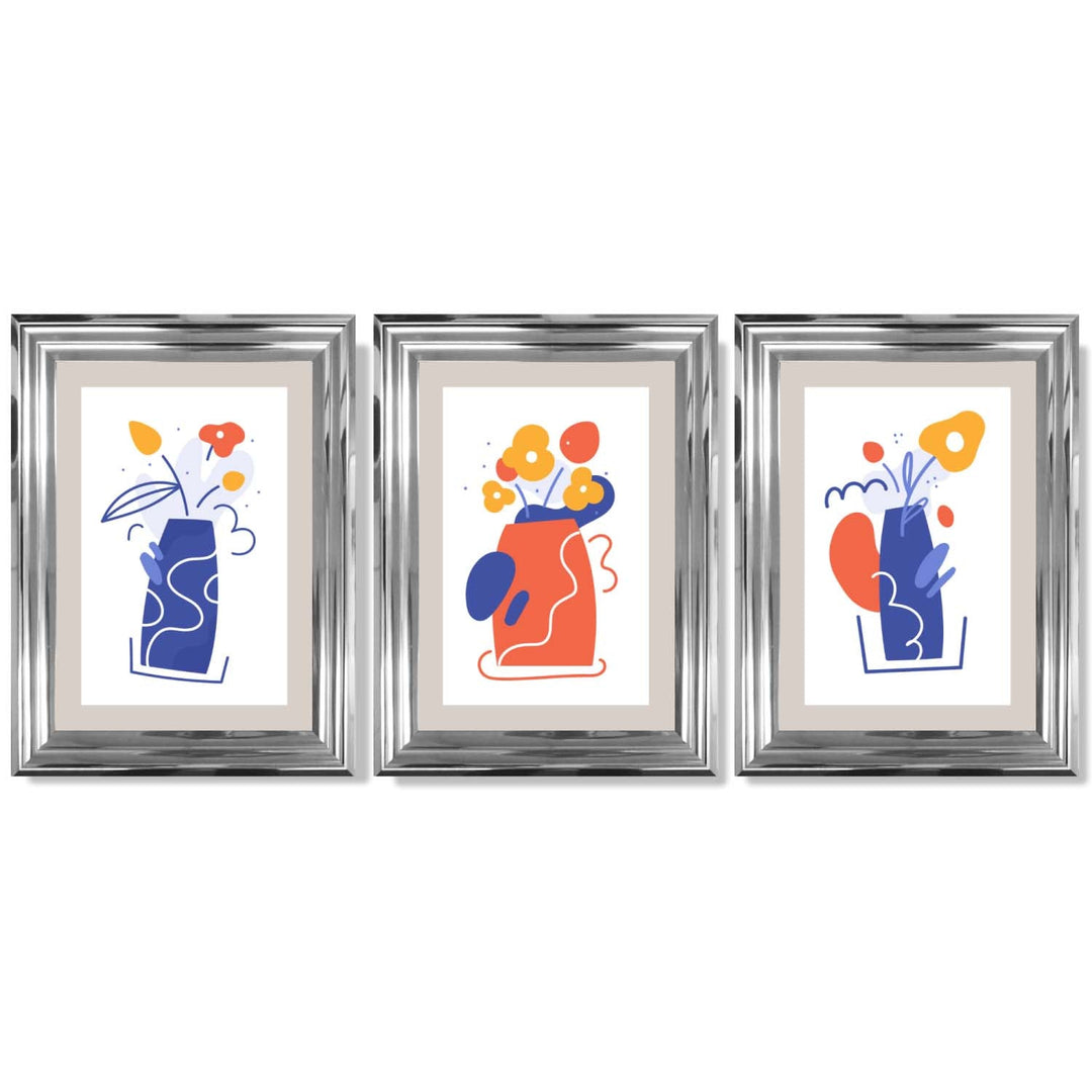 Boho Minimal Floral Blue Orange Set of 3 Framed Art Prints | Bowlift