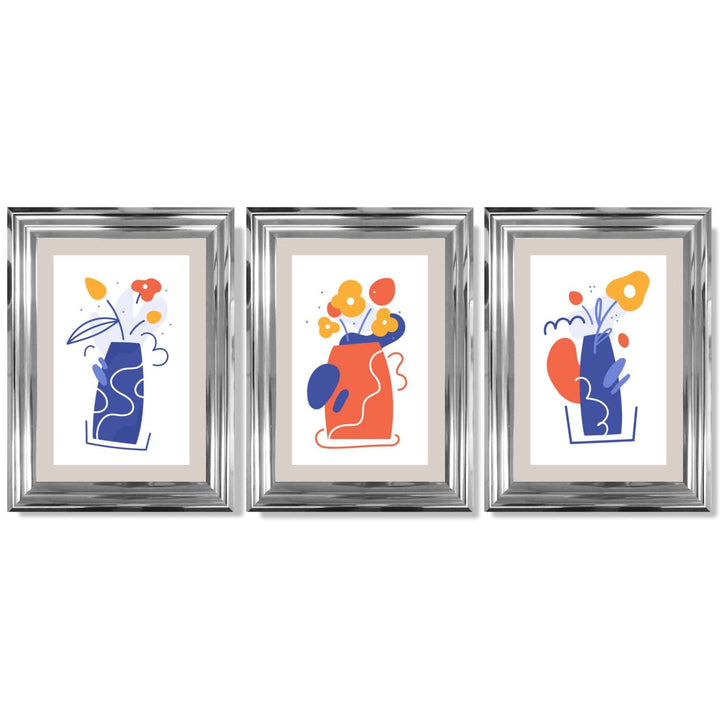 Boho Minimal Floral Blue Orange Set of 3 Framed Art Prints | Bowlift