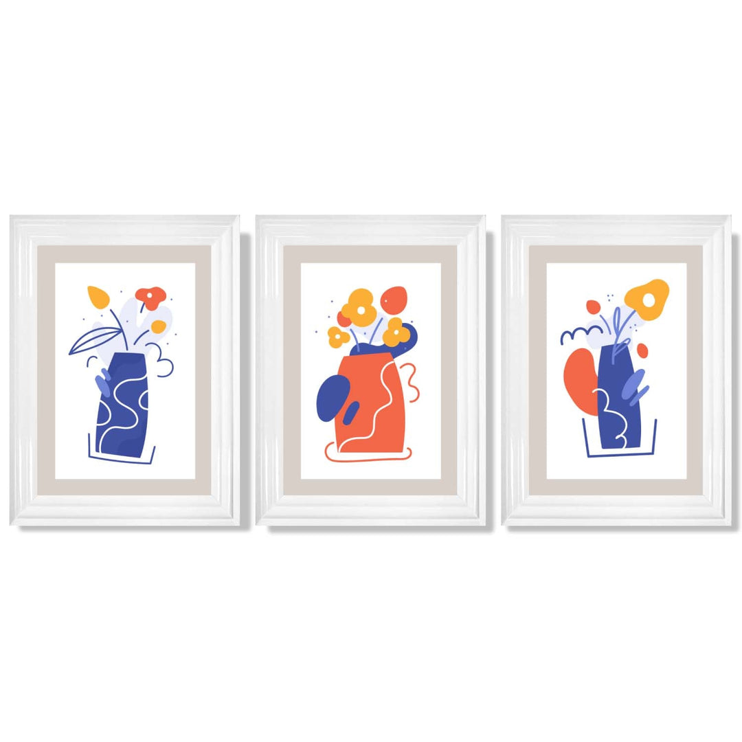 Boho Minimal Floral Blue Orange Set of 3 Framed Art Prints | Bowlift