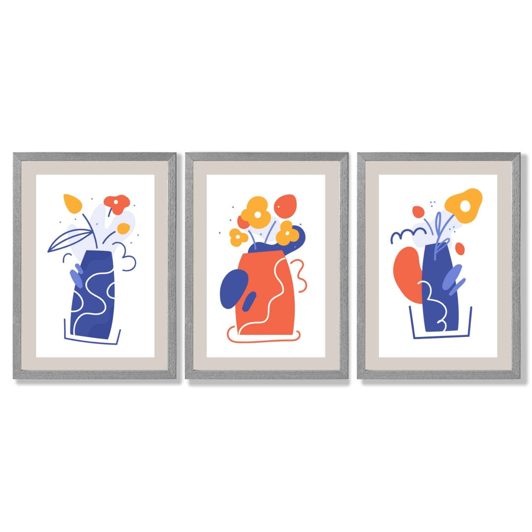 Boho Minimal Floral Blue Orange Set of 3 Framed Art Prints | Bowlift