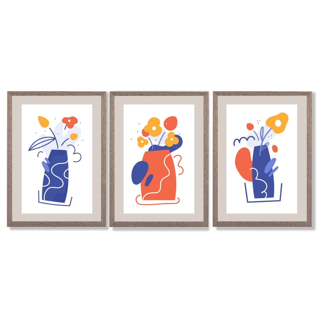 Boho Minimal Floral Blue Orange Set of 3 Framed Art Prints | Bowlift