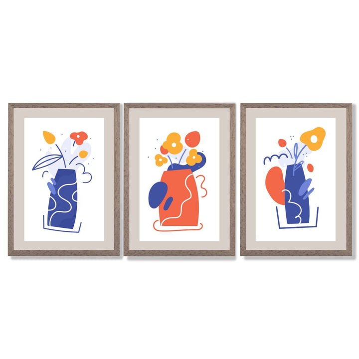 Boho Minimal Floral Blue Orange Set of 3 Framed Art Prints | Bowlift