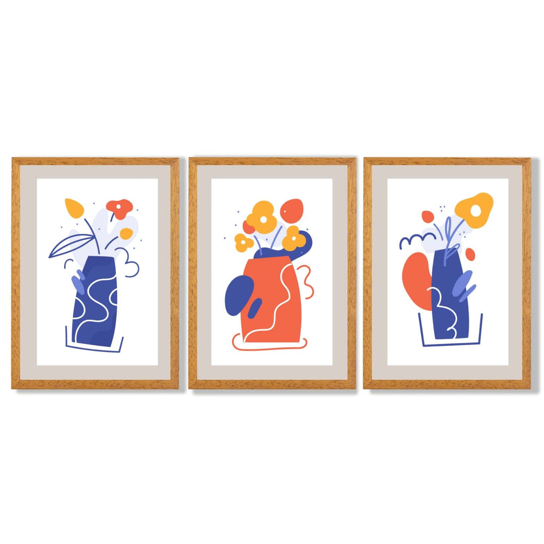 Boho Minimal Floral Blue Orange Set of 3 Framed Art Prints | Bowlift